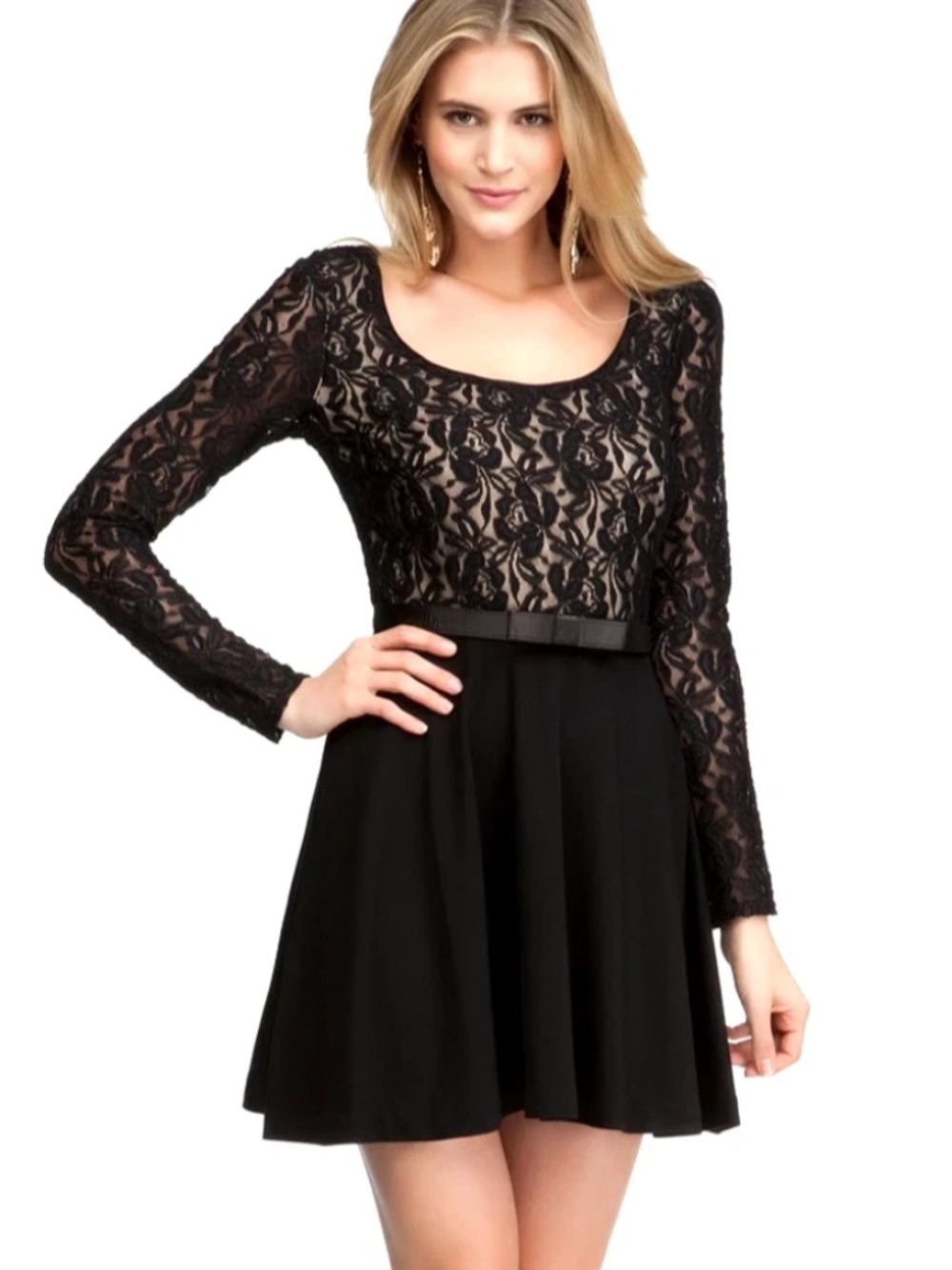 NWT bebe black ivory floral lace long sleeve fit flare top dress M Medium